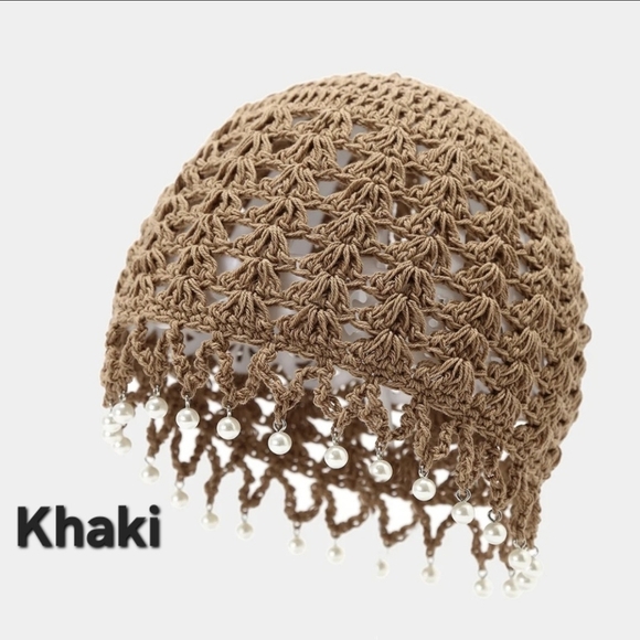 Crochet Beanie Faux Pearl Tassels - Burgundy Tan Cream - Picture 7 of 14